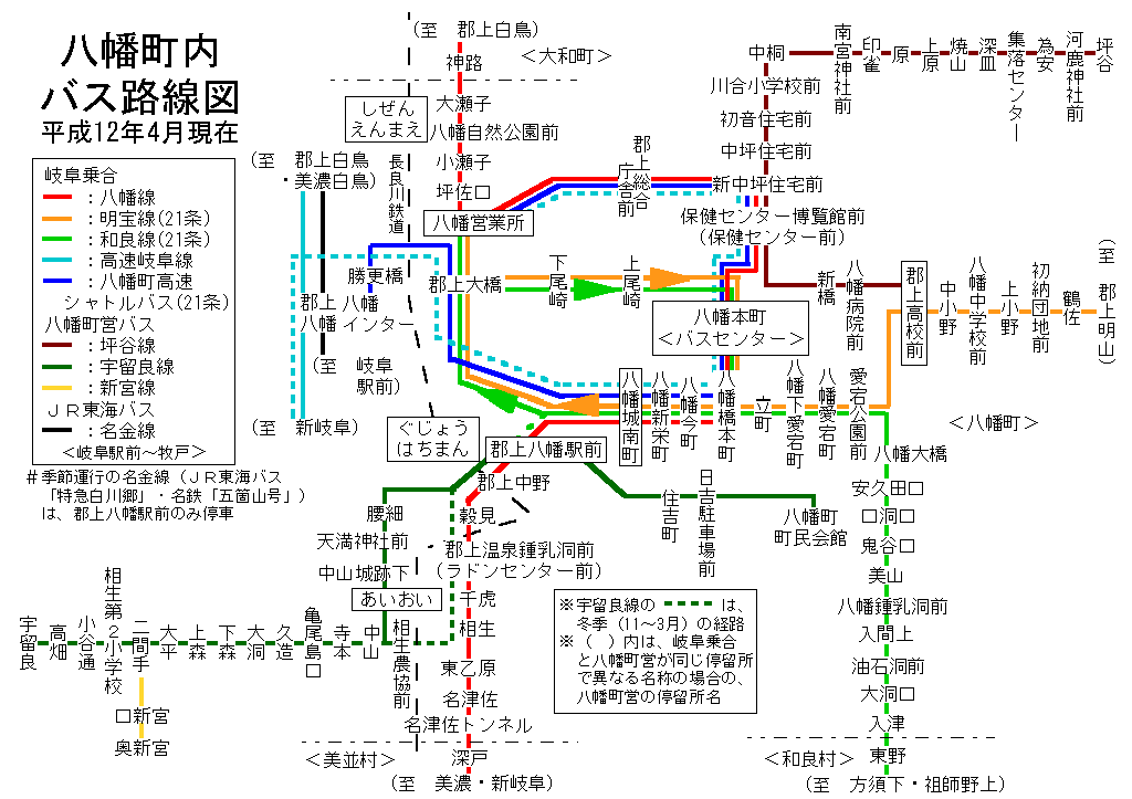 八幡町内 バス路線図(平成12年7月19日まで) 八幡町内 バス路線図(平成12年7月19日まで)