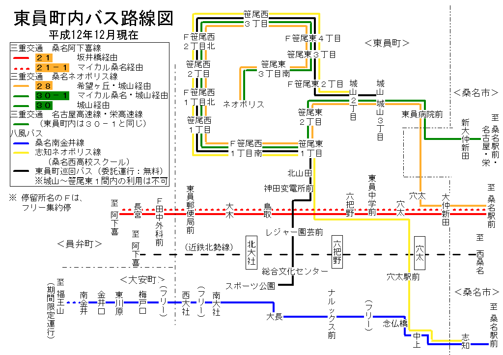 三重交通　松阪管内バス路線図　柴田整形外科版　バス停　部品 東員町内 バス路線図（平成14年4月3日まで）